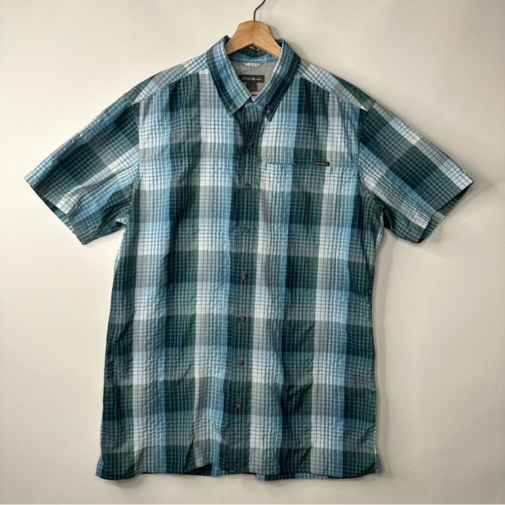 Eddie Bauer Plaid Short Sleeve Nylon Fishing Shirt Size L